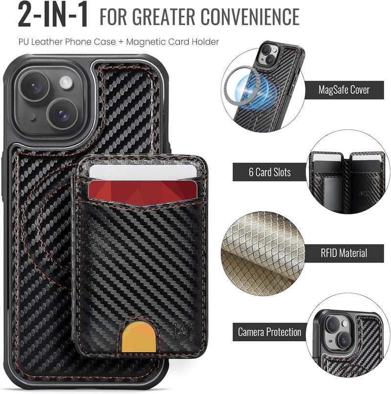 Usroom for iPhone 15 Detachable Wallet Case with Card Holder, 2 in 1 RFID Blocking Credit Slots Kickstand Shockproof Phone Wallet for iPhone 15 6.1" Carbon Black - Image 4